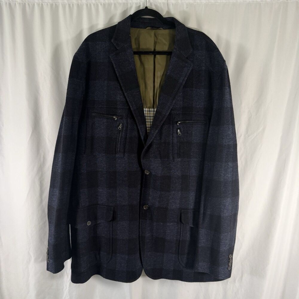 Kroon Blazer Jacket Men's XL 50 Blue Plid Inner Zip Pockets Wool Blend Button Fr